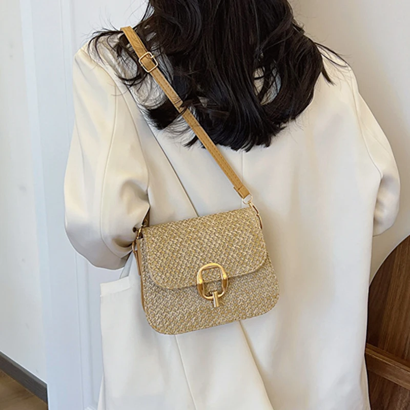 Новая модная сумка с пряжкой и замком летняя пляжная женская соломенная тканая