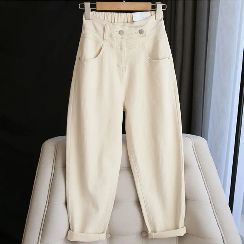 2023 New Arrival Spring Summer Korean Style Women Casual Loose Vintage Ankle-length Pants Cotton Denim Elastic Waist Jeans P616