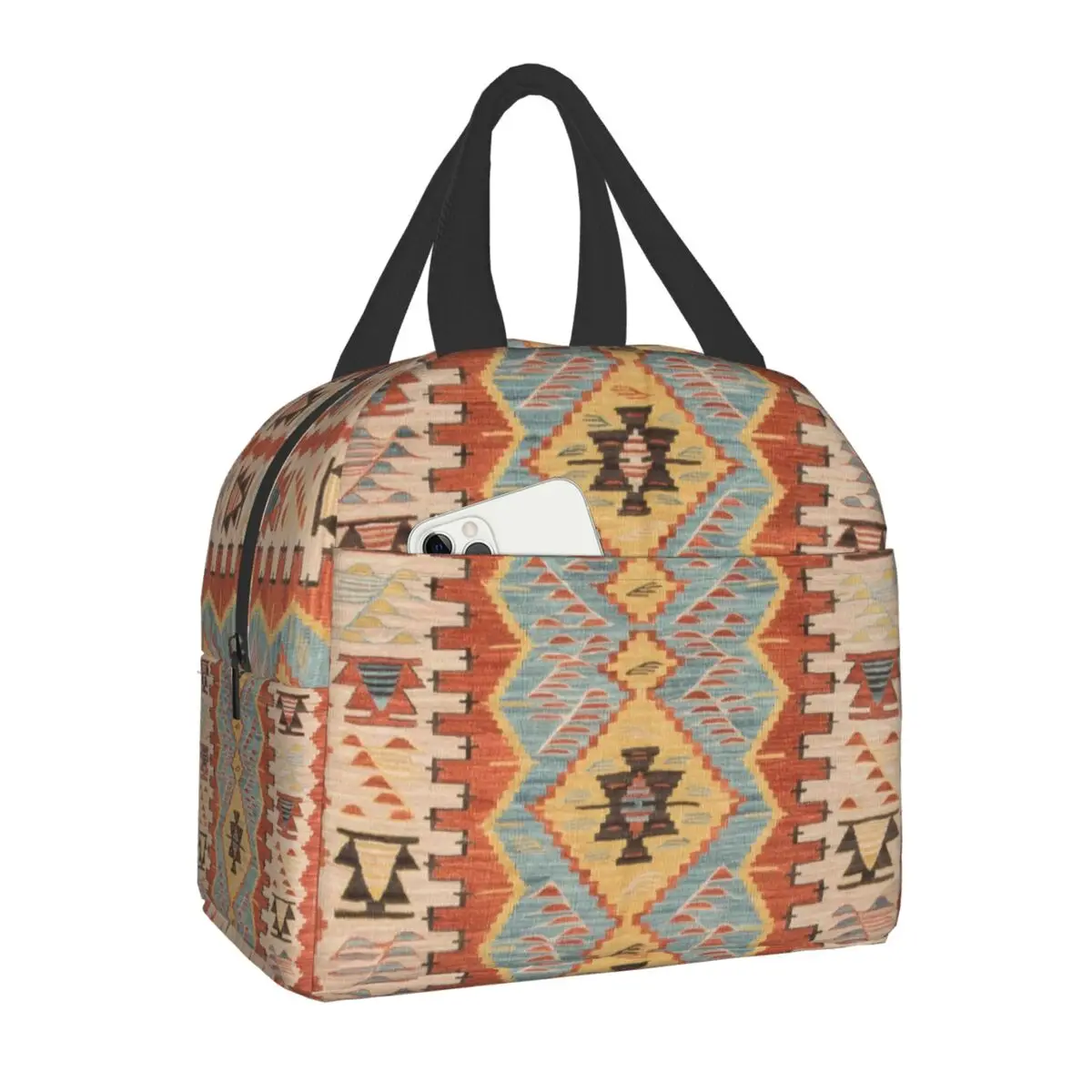 

Bohemian Kilim Persian Carpet Print Insulated Lunch Bag Geometric Ethnic Portable Thermal Cooler Lunch Box for Women Kids School