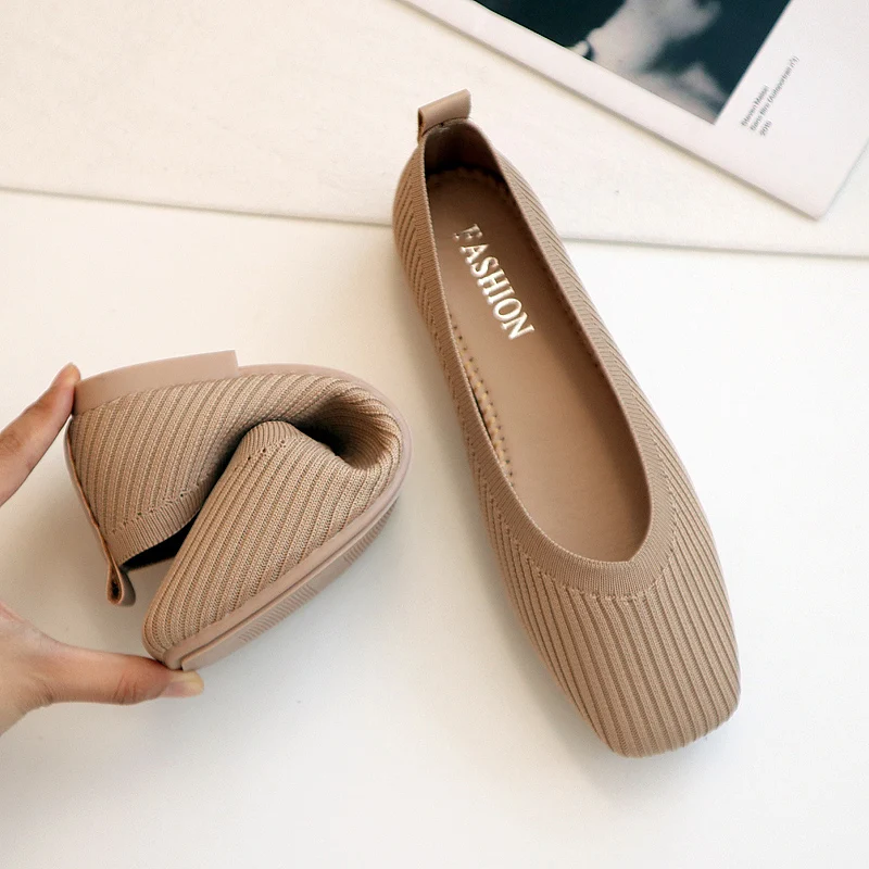 Knitted Shoes Women's Spring and Autumn New Women's Soft Bottom All-match Square Toe Low-top Pregnant Women's Flat Loafers