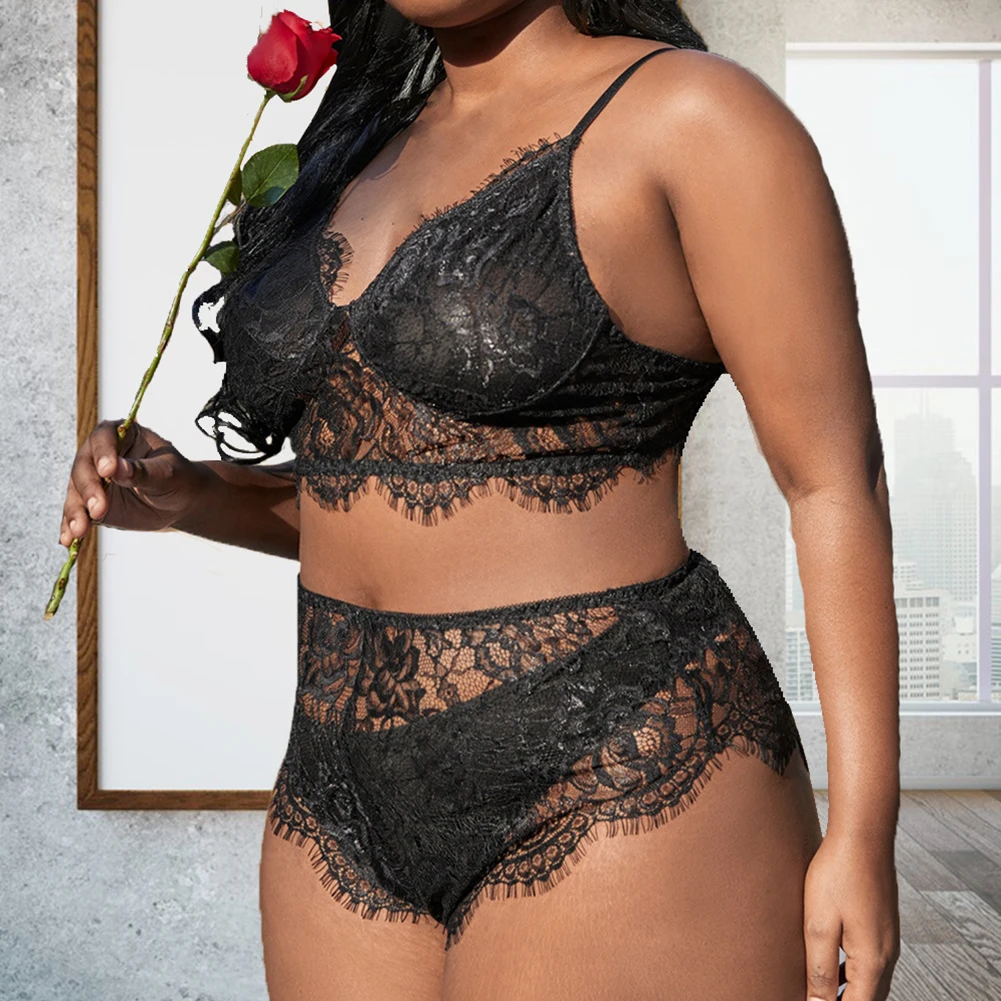 

2022 NEW Plus Size Women's Black Lace Sexy Lace Lingerie Underwear Wireless Plunge Bra Knickers Set XL-4XL