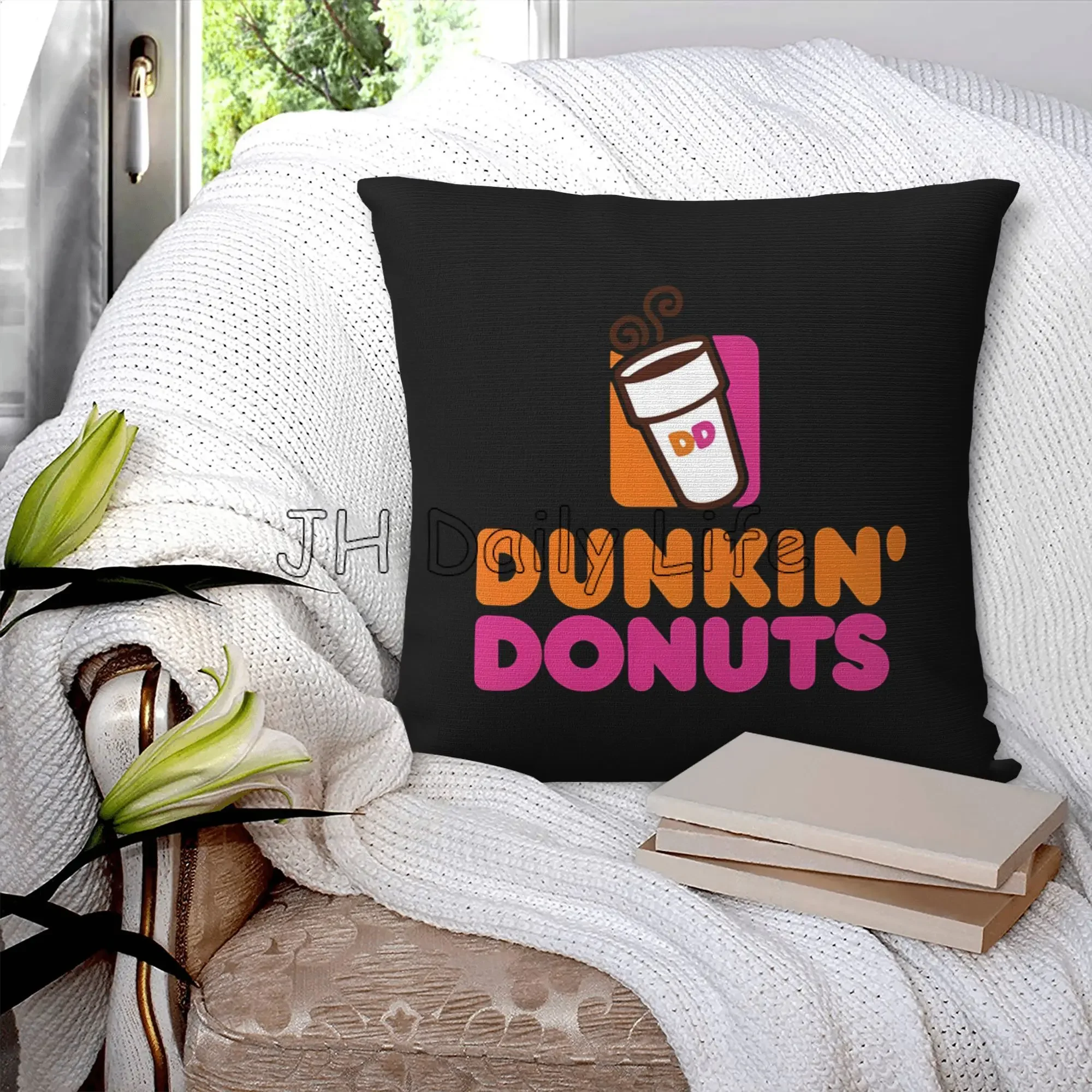 Фото Квадратная наволочка с принтом пончиков Dunkin, мягкая уютная наволочка для дома, дивана-кровати, украшение автомобиля, чехол для подушки 18x18 дюймов №5