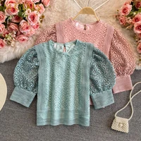 n girlsvintage women blouses o neck puff sleeve crochet floral shirts chic hollow out blouse lace sweet temperament tops femme