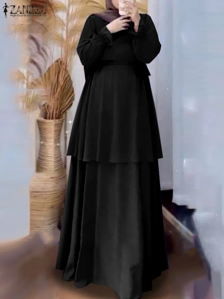 

ZANZEA Islamic Clothing Kaftan 2022 Fashion Solid Sundress Women Casual Long Sleeve O Neck Muslim Dress Holiday Marocan Caftan
