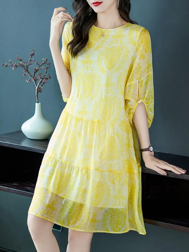 Summer 2023 Floral Printed O Neck 3/4 Sleeves Loose High Waist Lace Up 100% Mulberry Silk Shell Yellow Dress Women Clothes