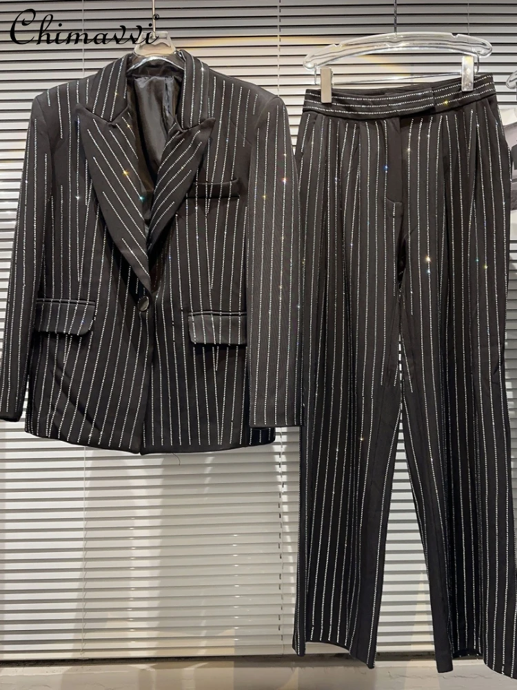 

Vertical Stripes Rhinestone Long Sleeve Suit Jacket Straight-Leg Pants Two-Piece Sets Women Spring Autumn New Hot Girl Pant Sets