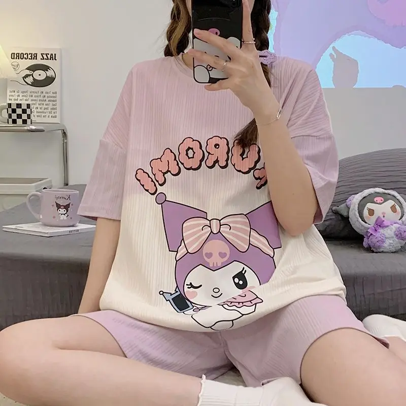 

New Sanrio Kuromi animation peripheral pure cotton shorts short-sleeved cartoon cute girl child kawaii sweet home wear set gift