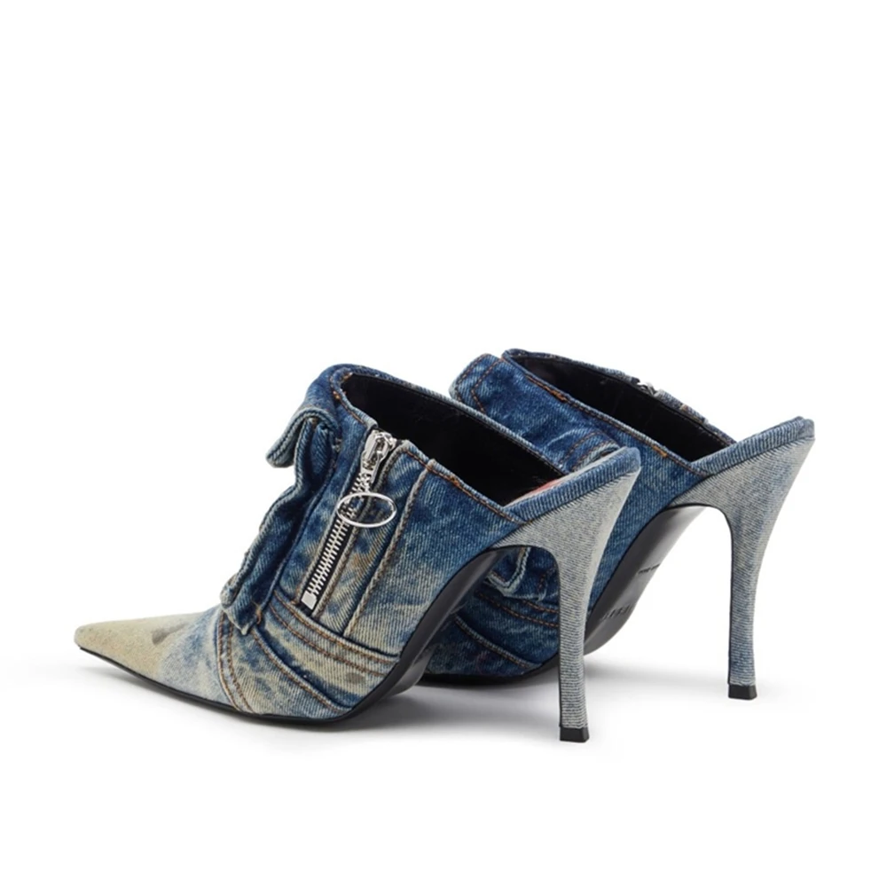 Women Denim Pocket Pointy Toe Stiletto Heels Patchwork Sexy Side Zip Ladies High Heels New Fashion Slip On Sandals Slippers