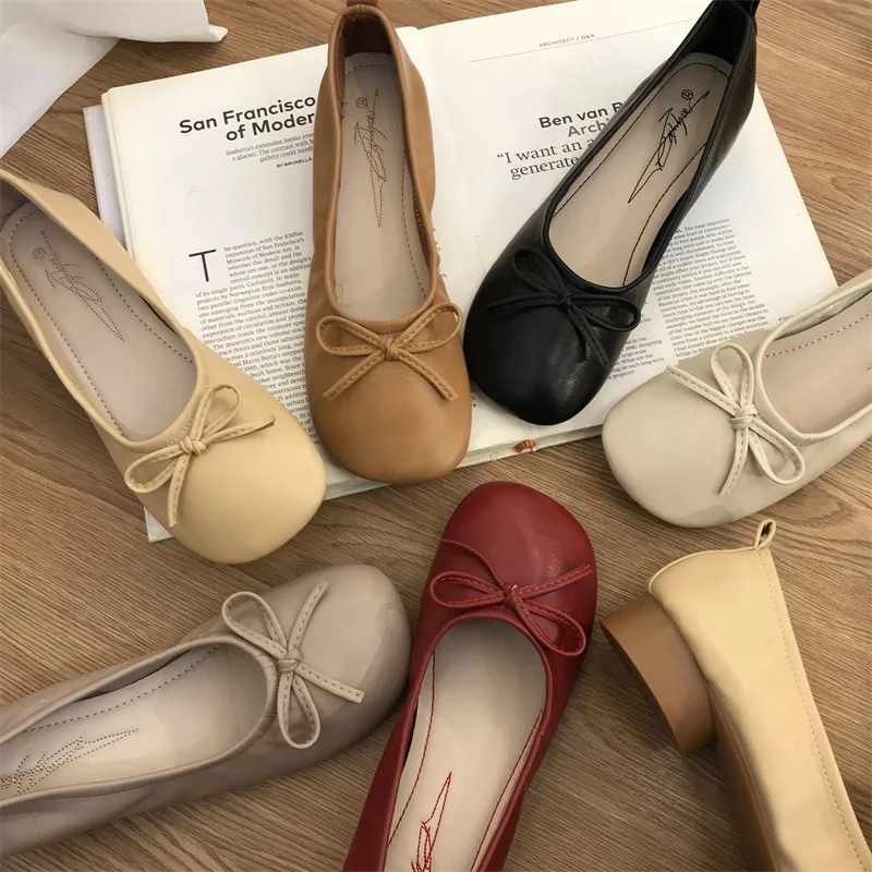 

Single Shoes Women's Mary Jane Shoes Beanie Shoes Fairy Bow Round Toe Flat-heeled Grandma Shoes Flats Spring/Autumn Ballet Flat
