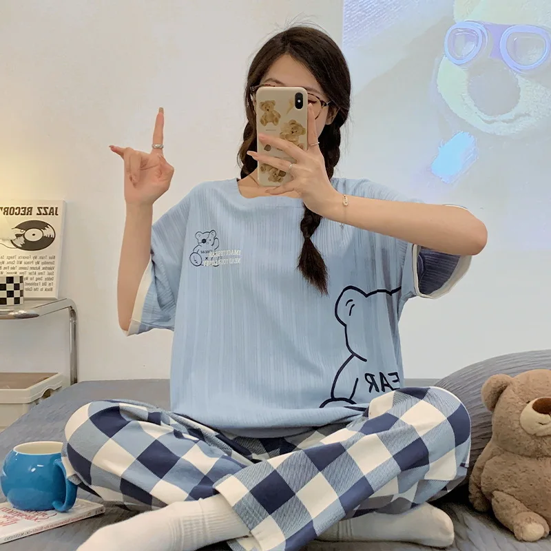 New Sleepwear Cotton Pajamas Set for Women Long Pants Short Sleeved Summer Spring Cartoon Loungewear Fashion Home Clothing Homew