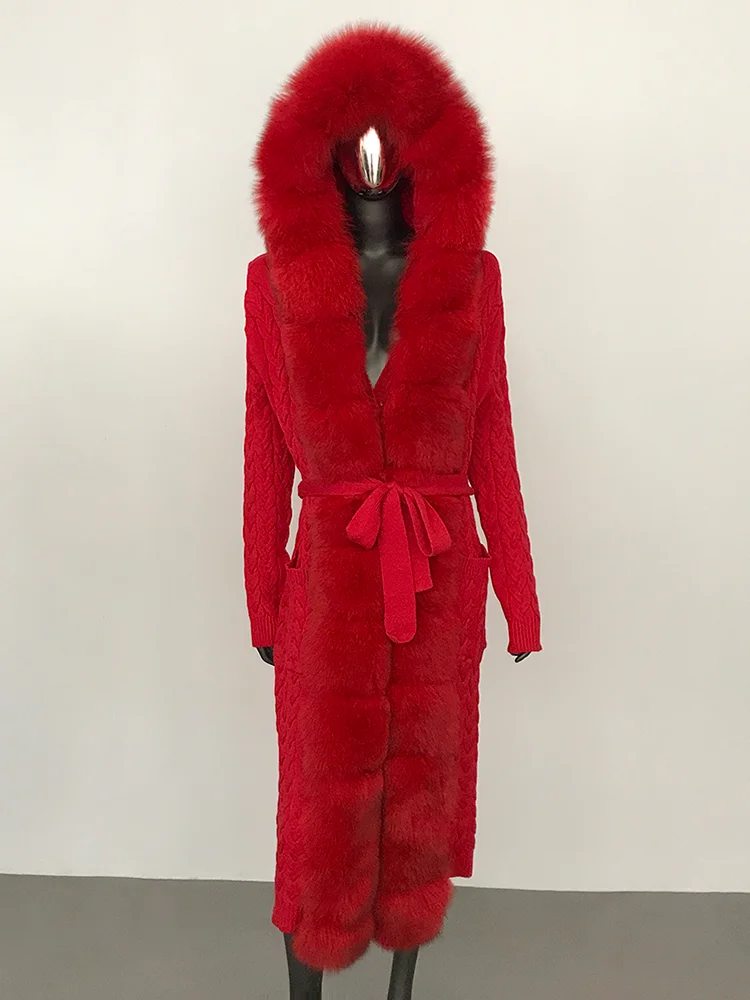 Кардиган женский вязаный со съемным натуральным лисьим мехом на шнуровке