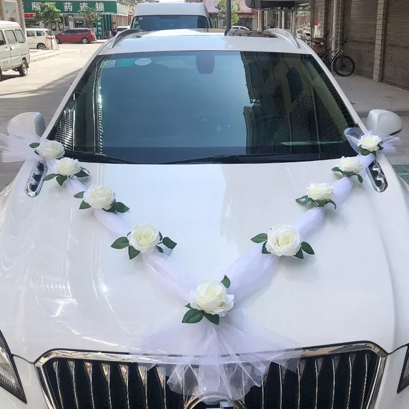 

Rose Artificial Flower for Wedding Car Decoration Bridal Car Decorations + Door Handle Ribbons Silk Flower Party Decor