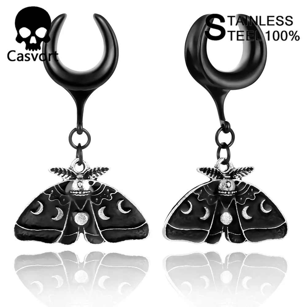 Casvort 2PCS New Trendy Dangle Moth Saddle Ear Plugs Piercing Body Jewelry Stainless Steel Gauges Tunnels Stretchers Hot Sales