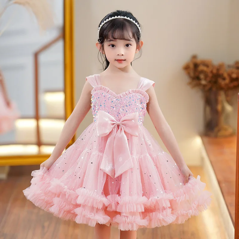 

Vestidos 2023 New Sleeveless Evening Dress Host Costume Christmas Princess Dresses For Girls Mesh Bow Party Dress 3-12 Years Old