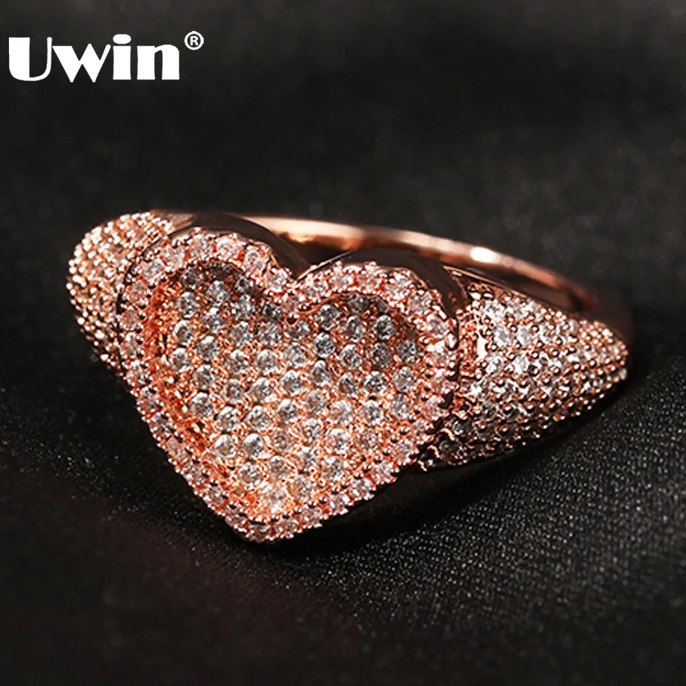 

Женское кольцо с кубическим цирконием UWIN, позолоченное кольцо с вогнутыми сердечками, Роскошный аксессуар, бижутерия