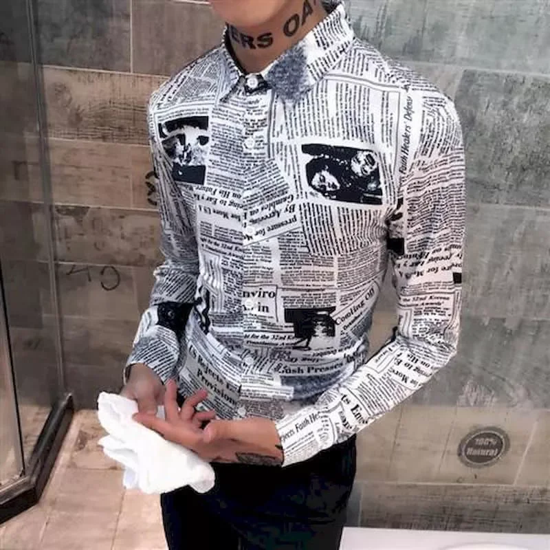 Новинка рубашка с газетами корейский тренд Мужская длинным рукавом Свободная