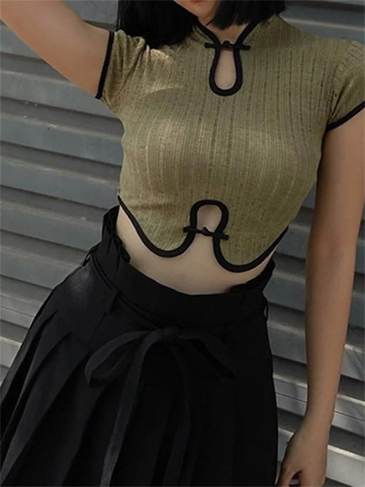 

2022 New Vintage Y2k Chinese Style Women T-shirts Gothic Cut Out Sexy Short Sleeve Bodycon Blouses Grunge Ribbed Black Crop Top