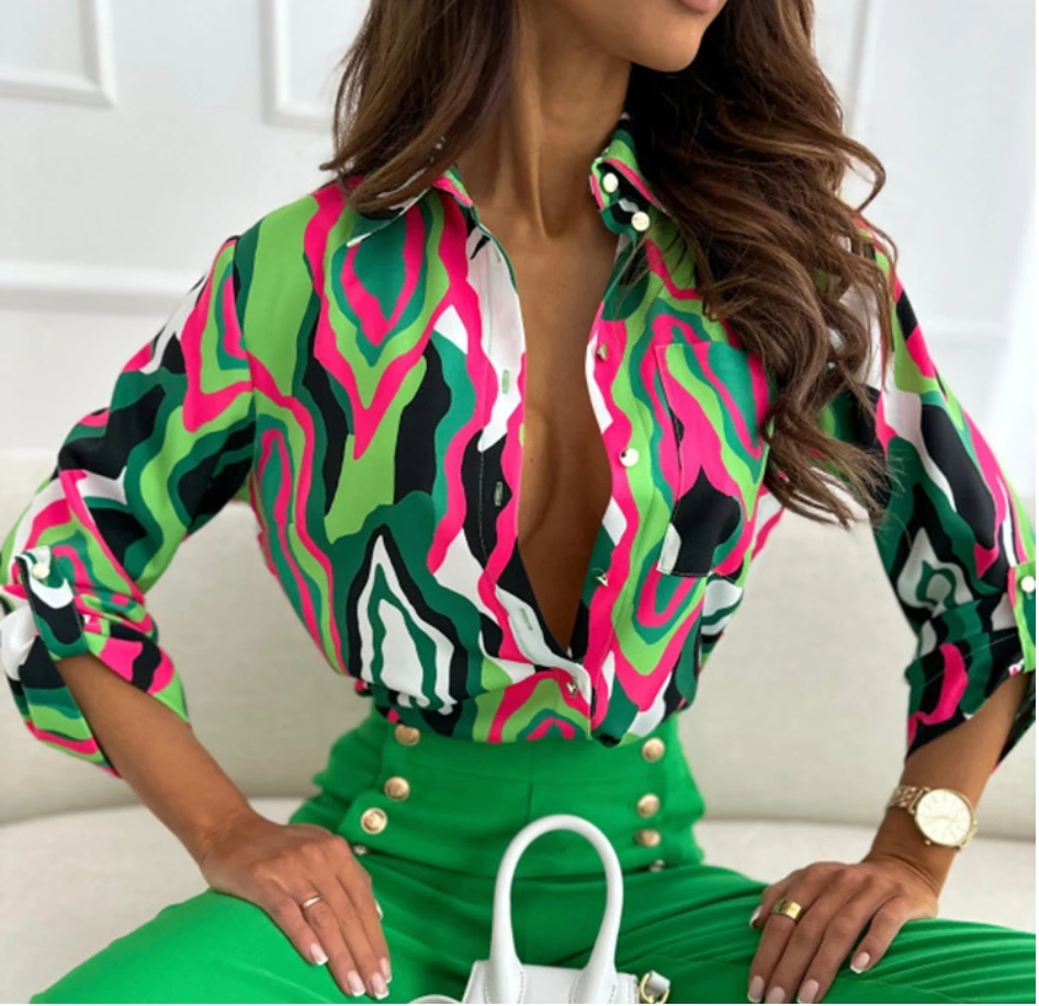 

Blouse Women Casual Long Sleeve Striped Print Shirts Office Lady Elegant Slim Button Shirt 2023 Spring Autumn Top Femme