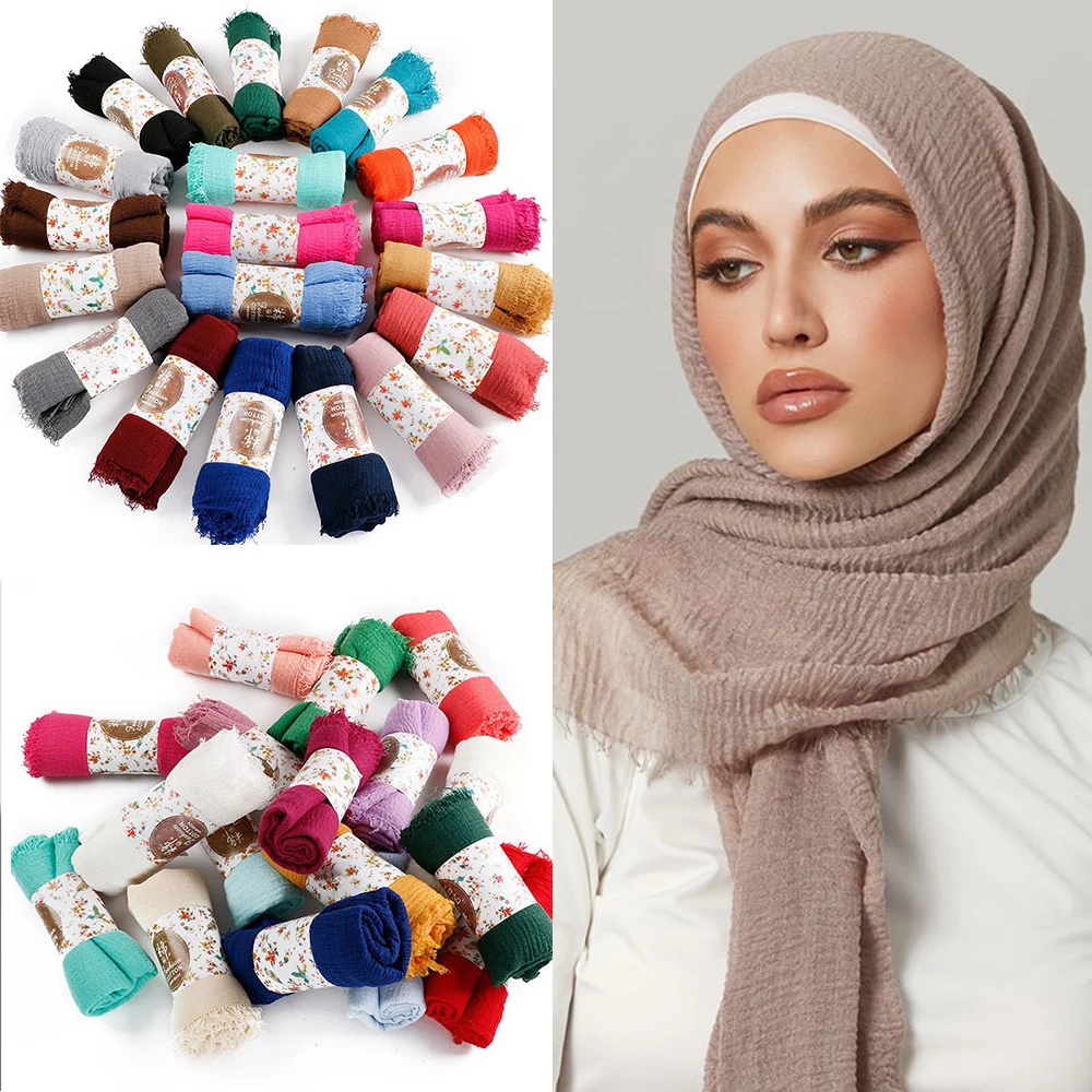 2022 Muslim Women Crinkle Hijab Scarf Soft Solid Color Head Scarves Plain Cotton Turban Shawls and Wraps Hijab Femme Musulman