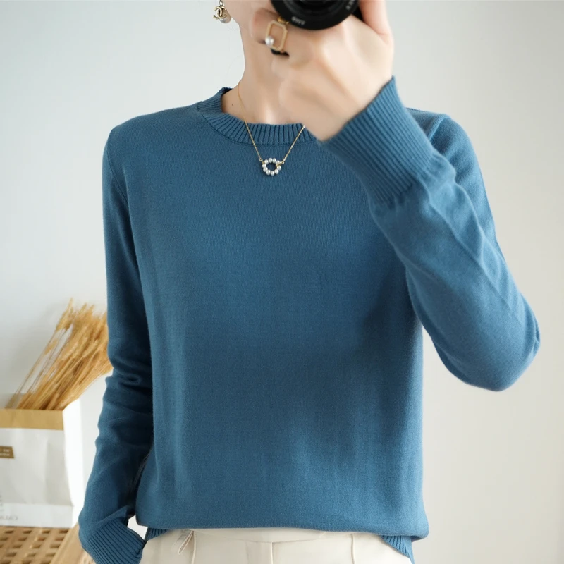 

100%Pure Cotton Sweater Women's Round Neck Pullover Casual Knit Solid Color Tops 2022 Spring / Autumn Ladies Loose Long Sleeves