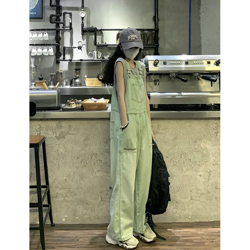 

Womens Vintage Green Suspender Jeans Fashion Pocket Straight Wide Leg Pants Casual Baggy Mopping Denim Trouser Ladies Summe