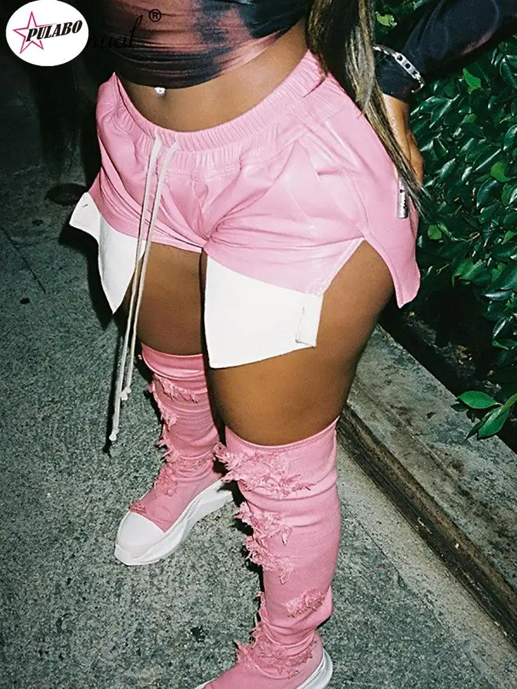 

Женские кожаные шорты PERITANG Fuax, летние модные Асимметричные Лоскутные шорты на шнуровке с эластичным поясом и прямыми штанинами, женская одежда