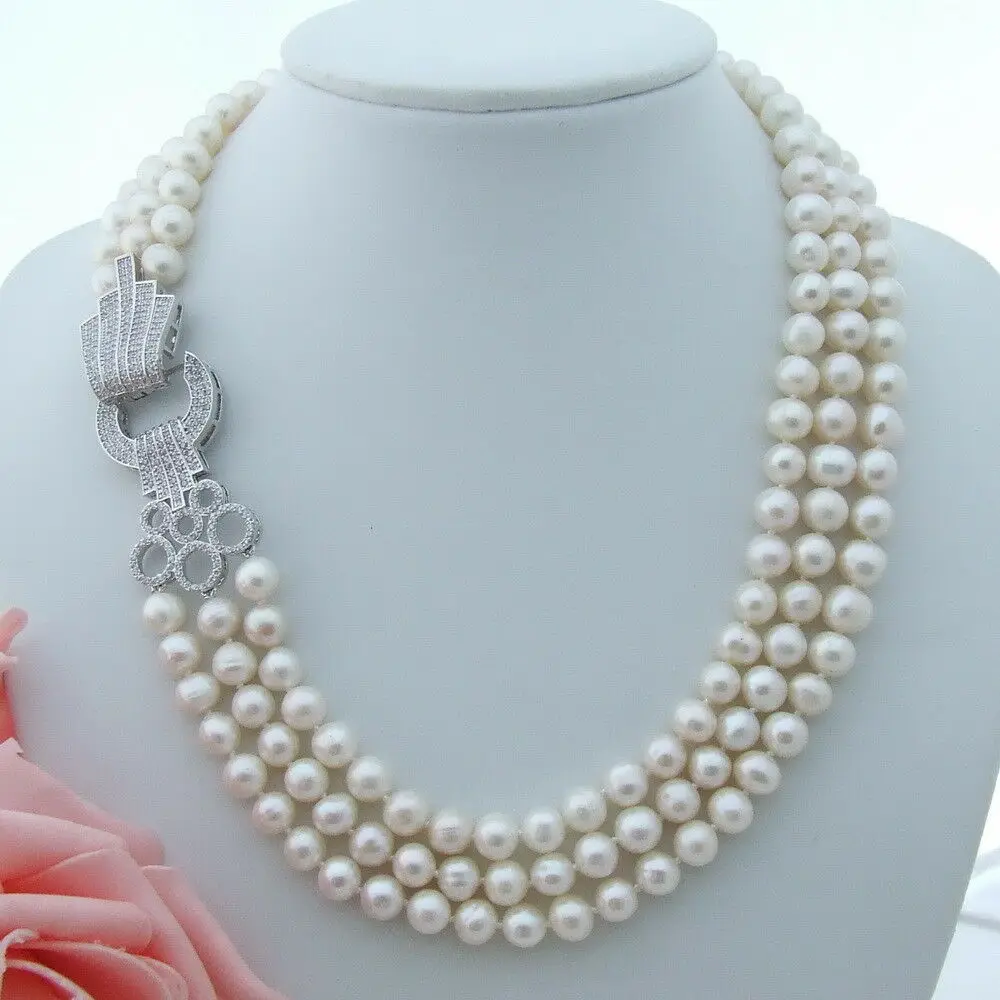 

8-9MM 3 Strands White Pearl Necklace CZ Clasp