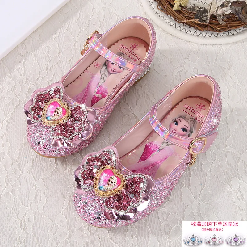 

Disney girls leather shoes sequins autumn new children's high-heeled princess shoes fashion dance performance non-slip shoes
