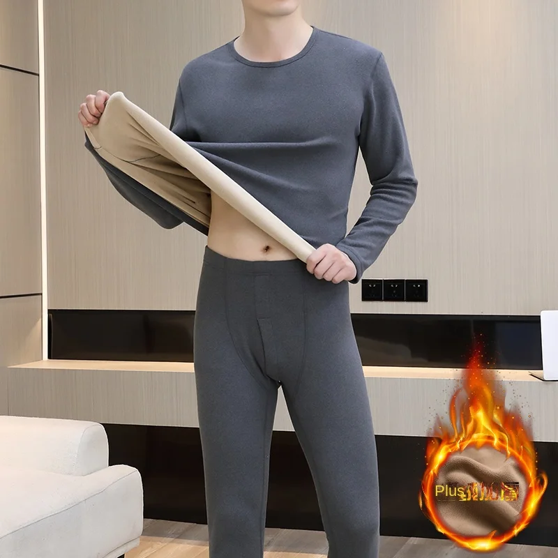 

Мужской плотный флисовый зимний теплый костюм, термобелье, тонкий круглый воротник, однотонная классическая мужская Осенняя внутренняя од...