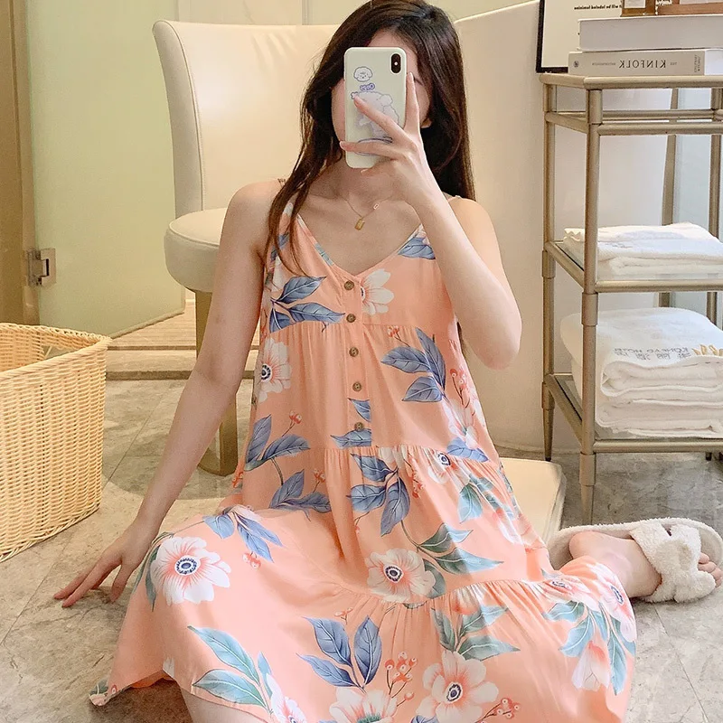 2023Nightdress Women V-Neck Short Sleeve Sleepshirt Long Length  One-Piece Skirt Nightdress  Cotton Nightgown Sexy Longuette