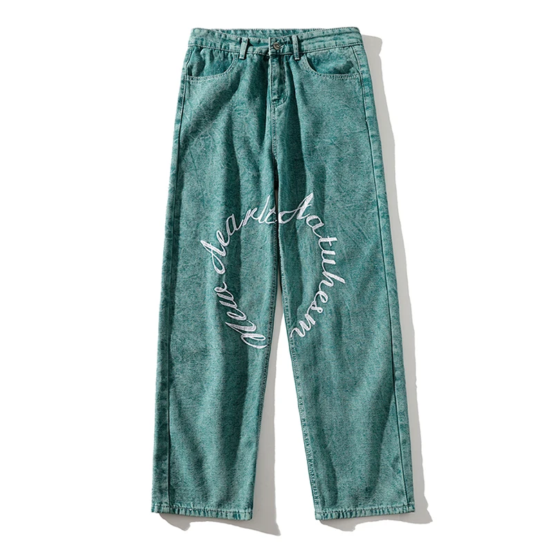 Four Seasons Men's Jeans High Street Vibe Style Retro Green Embroidered Jeans Hip Hop Loose Wide Leg Pants Ins Hot Sale JEANS