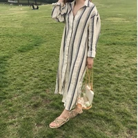 women spring 2021 blue striped turn down collar dress casual fall single breasted loose long sleeve dresses chic korean women