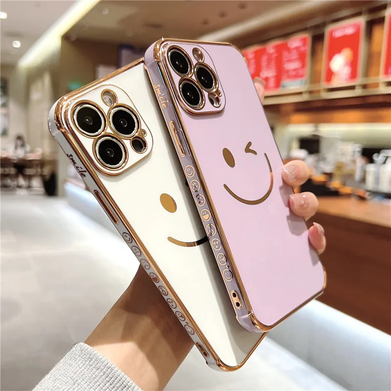 

Luxury Plating Cute Smile Pattern Case For iPhone 13 12 11 Pro Max XS Max X XR SE 2020 7 8 Plus Silicone Soft Bumper Cover