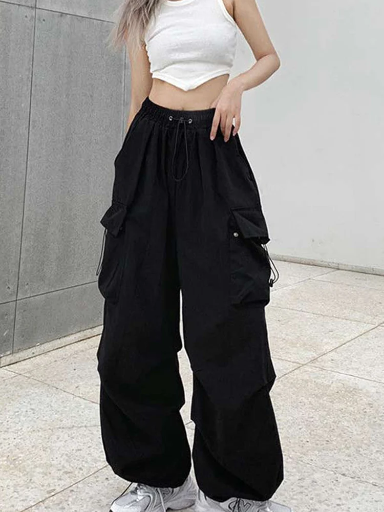 

Vintage Women Drawstring Loose Wide Leg Trousers Harajuku Jogging Y2K Pants Streetwear Straight Lady Clothes Simple Casual Pants