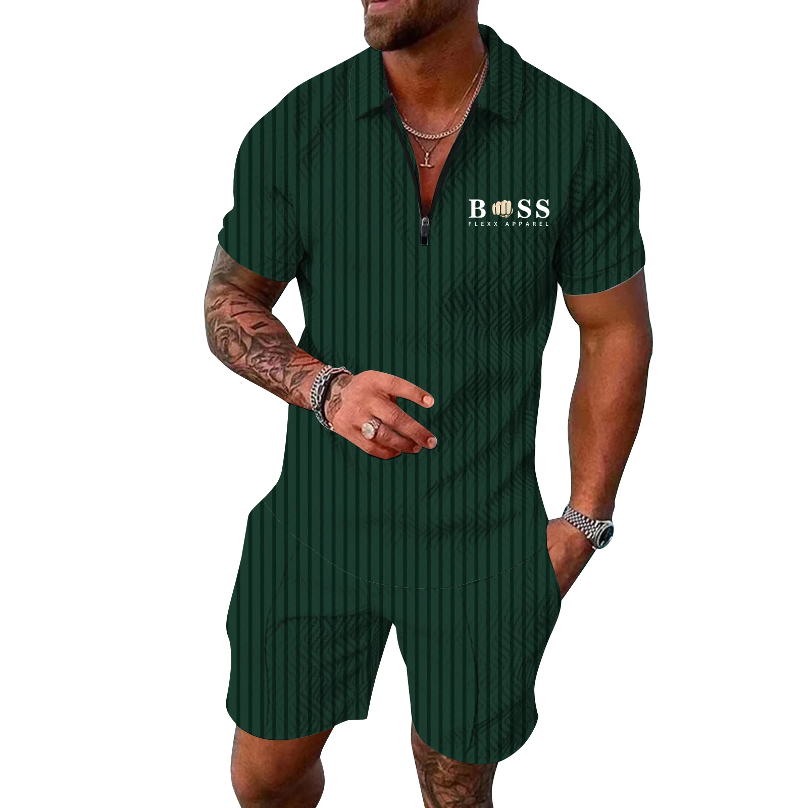 Men's Polo Suit Fashion Men Sets Mens Solid Color Summer V-neck Zipper Short Sleeve POLO Shirt+Shorts Two Pieces Men Casual Suit