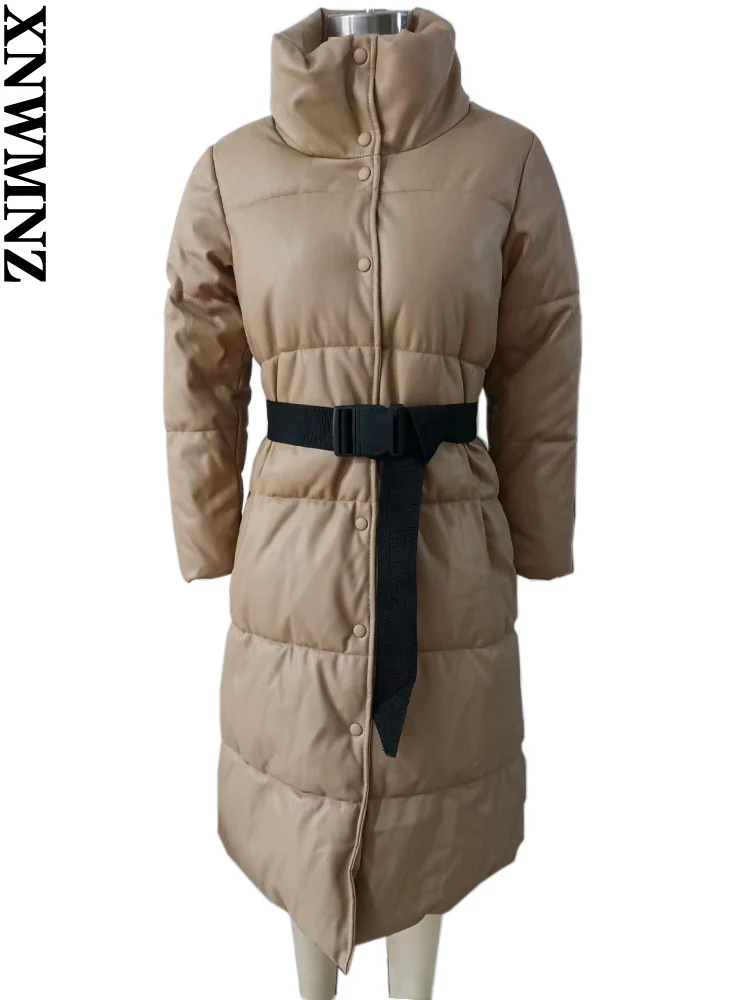 XNWMNZ 2022 Fall winter woman fashion Leather Long Thermal Padded Jacket with Belt women vintage parka faux leather cotton coat