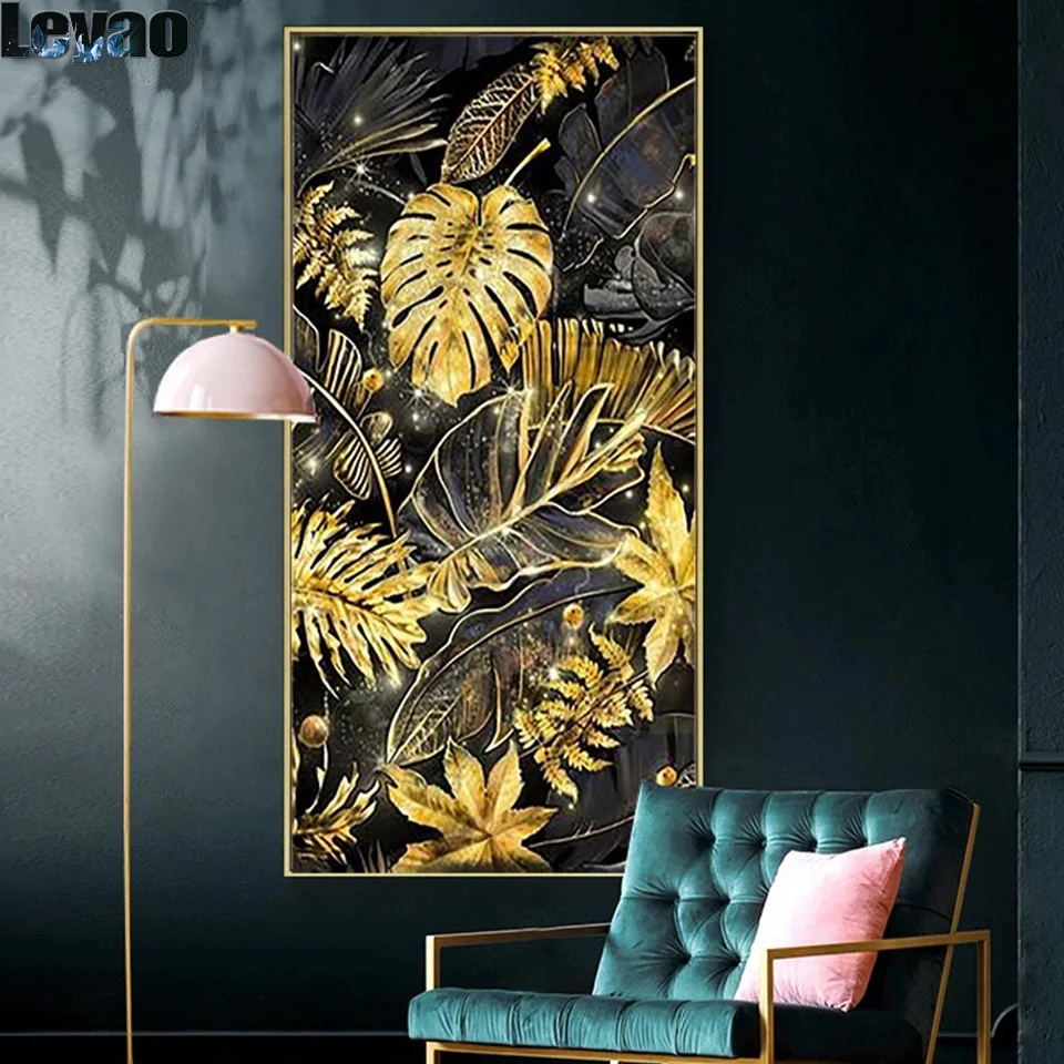 

Абстрактная картина с золотыми листьями, набор для алмазной живописи 5D, бриллиантовая фотография, пейзаж «сделай сам», домашний декор, мозаика, подарок