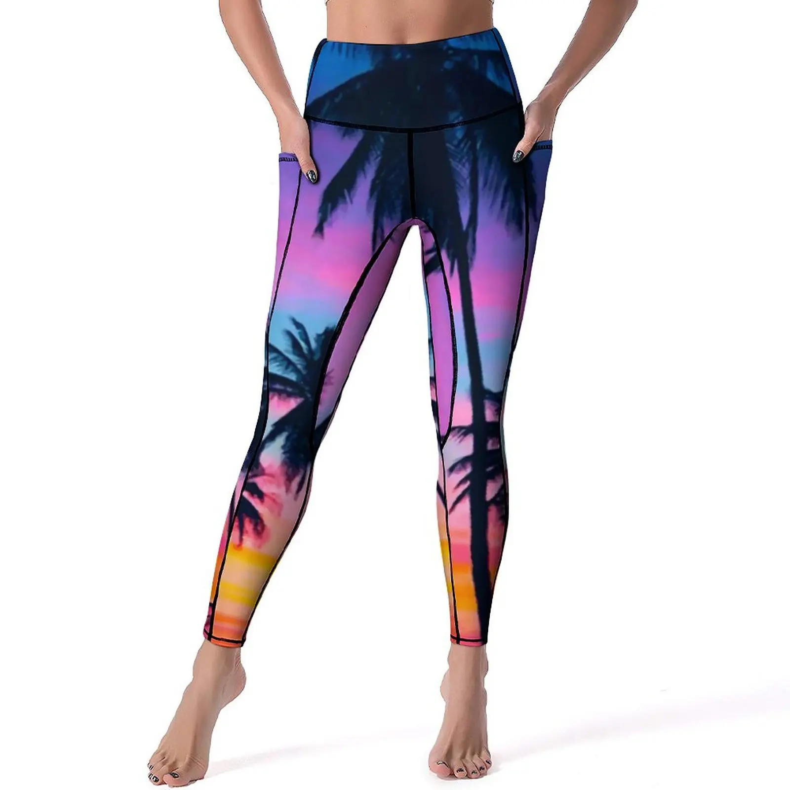 

Miami Sunset Yoga Pants Pockets Lady Palm Trees Print Leggings High Waist Yoga Sports Tights Quick-Dry Design Fitness Leggins