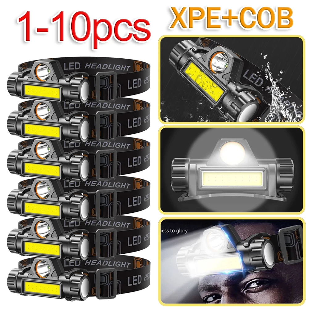 

Головной фонарь XPE + COB, мощный Головной фонарь с аккумулятором USB, водонепроницаемый, для кемпинга и рыбалки, 1-10 шт.