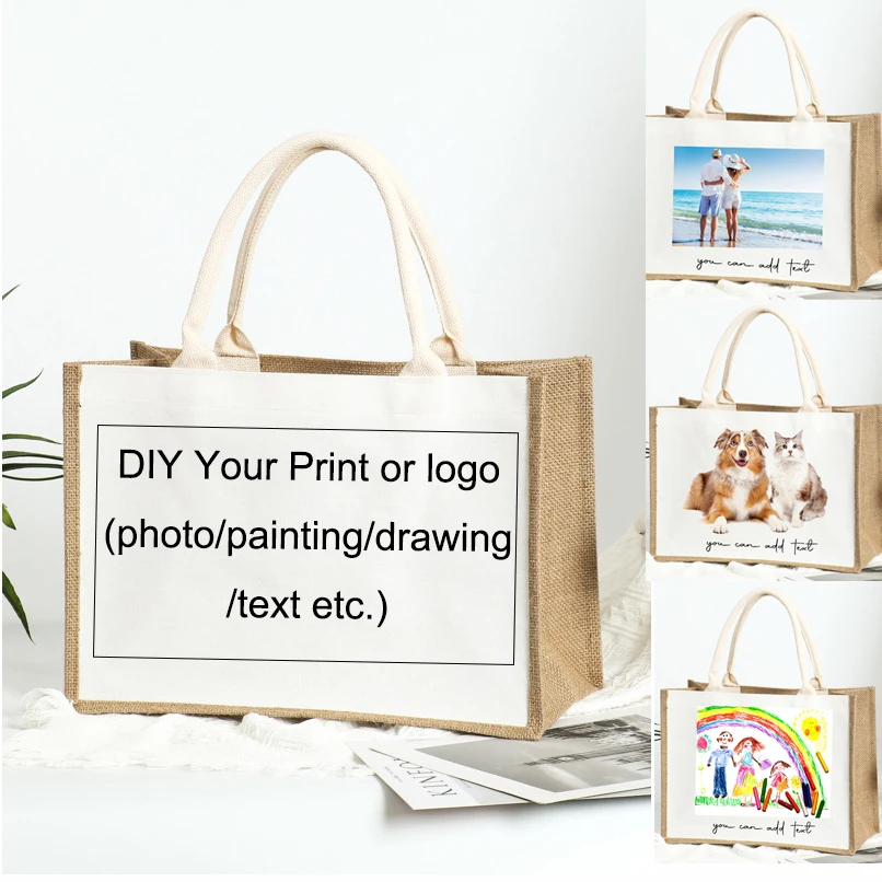 

DIY Photo Print Jute Bag with Sturdy Handle Fashion Beach Bags National Linen Tote Shopper Girls Trip Wedding Custom Gift