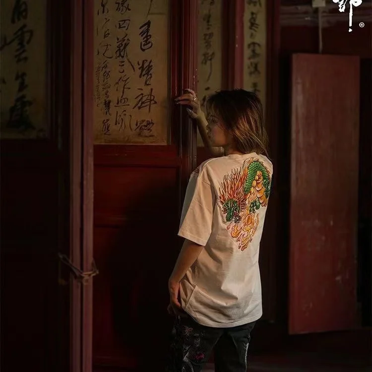 Лето 2024 футболка с принтом дракона и татуировки для тяжелой промышленности