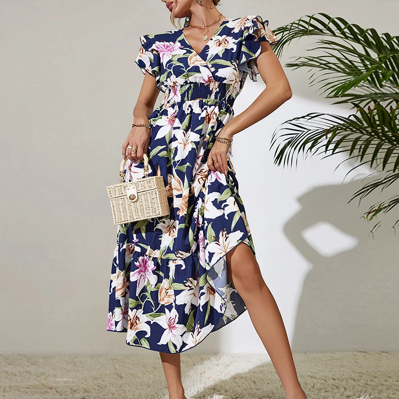 

Woman Clothes Summer Elegant Dresses Cheap Dark Blue Short Sleeves Casual V-neck Chiffon Floral Print Midi Dress