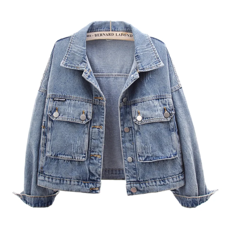 

Куртка женская джинсовая в ковбойском стиле, винтажная Короткая свободная верхняя одежда из денима с потертостями, с большими карманами, ве...