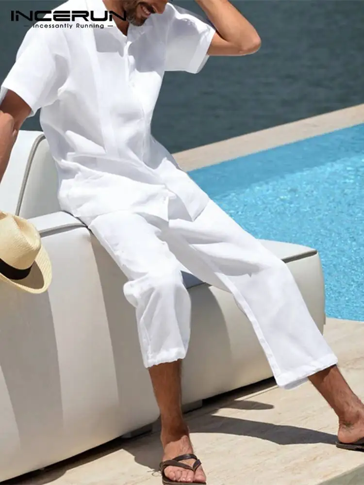 

Модные облегающие новые мужские комплекты, рубашка с коротким рукавом и отложным воротником, брюки, мужской однотонный удобный костюм, 2 пре...