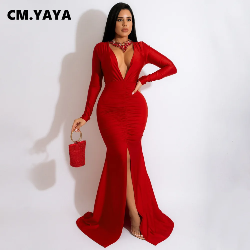 Женское облегающее платье макси CM.YAYA длинное с длинным рукавом рюшами Высоким