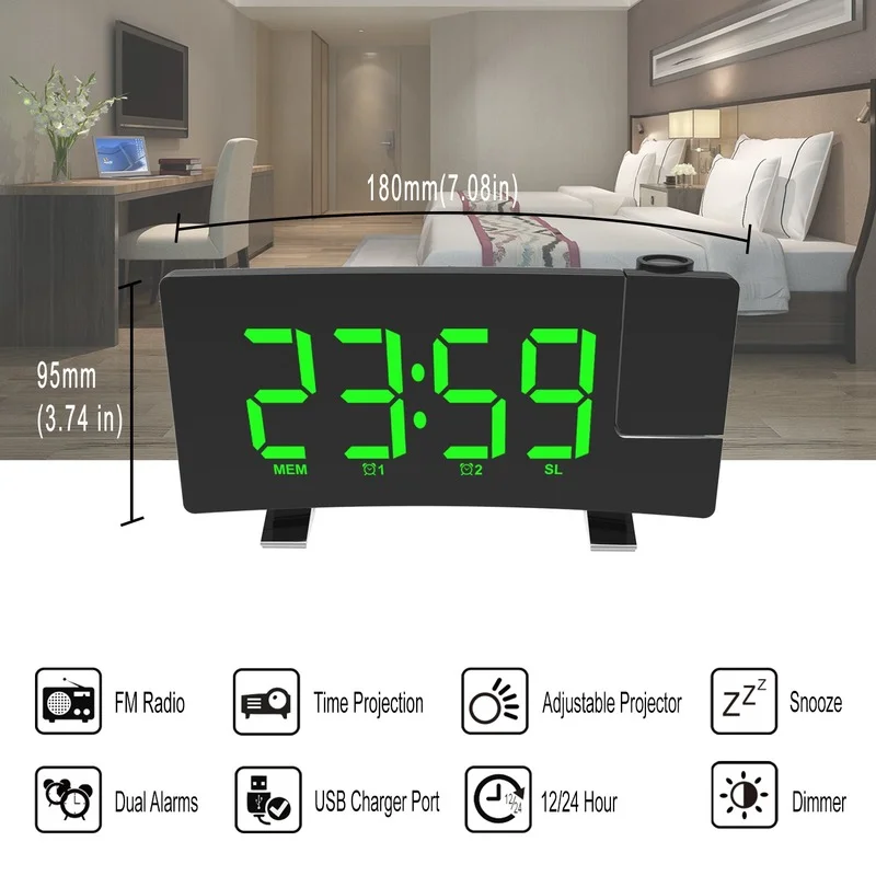 FM Radio Smart Clock with Projection LED Digital Alarm Watch Table Electronic Desk Wake Up Time Snooze |