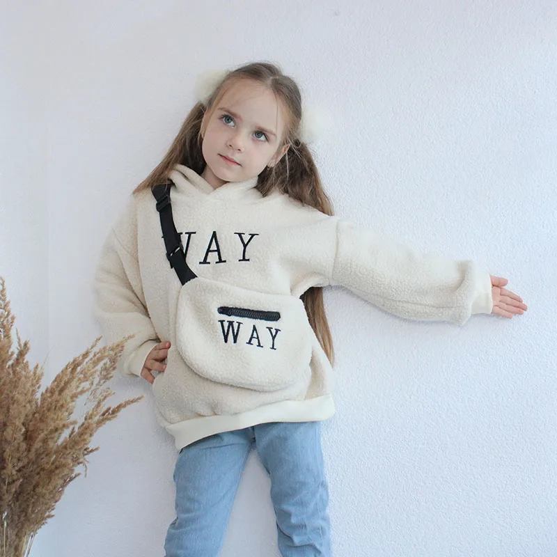 VFOCHI Boy Girl Sweatshirts with Bag Winter Wool Thick Children Hooded Long Sleeves Sweatshirt Unisex Warm Boy Girls Sweatshirts