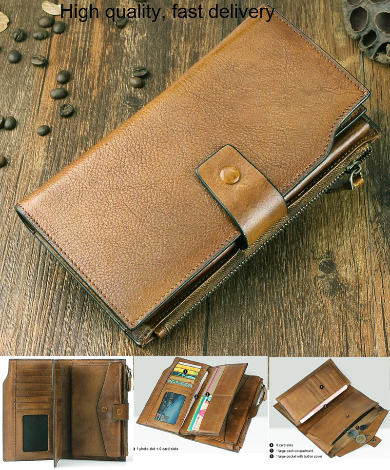 Genuine Fashion Vintage Leather Wallet men Leather Long Wallet male purse Clutch Bag money bag men wallet coin Purse card holder