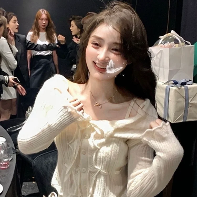 

Милые свитера с V-образным вырезом, женская одежда на шнуровке, осенний Новый Белый Кардиган с длинным рукавом, облегающий вязаный пуловер, топы