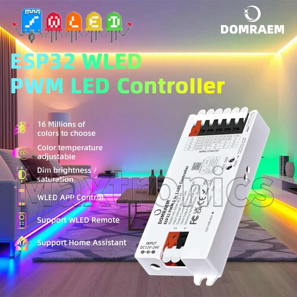 DOMRAEM НОВЫЙ контроллер 5-в-1 ESP32 PWM WLED для аналоговых светодиодных лент Alexa Google Home для 23456-проводных лент DIM CCT RGB RGBWCCT (art.: 3920d9ba693df) - 3920d9ba693df